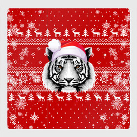 Магнитный плакат 3Х3 с принтом НОВОГОДНИЙ СВИТЕР С БЕЛЫМ ТИГРОМ 2022 в Курске, Полимерный материал с магнитным слоем | 9 деталей размером 9*9 см | 2022 | beast | merry christmas | new year | red bow | santa hat | snow | tiger | winter | winter is coming | year of the tiger | год тигра | дед мороз | животные | звери | зверь | зима | зима 2022 | зима близко | новог | новогодни