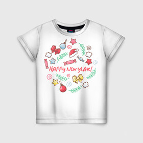 Детская футболка 3D с принтом Happy New Year * С Новым Годом * в Курске, 100% гипоаллергенный полиэфир | прямой крой, круглый вырез горловины, длина до линии бедер, чуть спущенное плечо, ткань немного тянется | выходные | новый год | подарки | праздник | празднование | рожлество