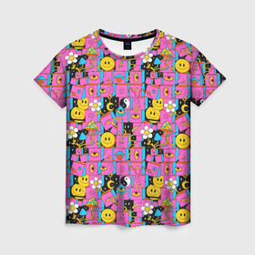 Женская футболка 3D с принтом Психоделика. Инь-Янь в Курске, 100% полиэфир ( синтетическое хлопкоподобное полотно) | прямой крой, круглый вырез горловины, длина до линии бедер | грибы | инь янь | паттерн | психоделика | смайлы | эзотерика