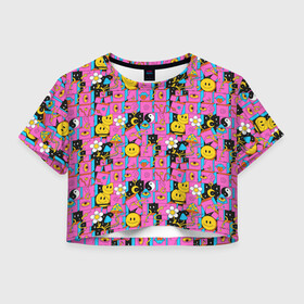 Женская футболка Crop-top 3D с принтом Психоделика. Инь-Янь в Курске, 100% полиэстер | круглая горловина, длина футболки до линии талии, рукава с отворотами | грибы | инь янь | паттерн | психоделика | смайлы | эзотерика