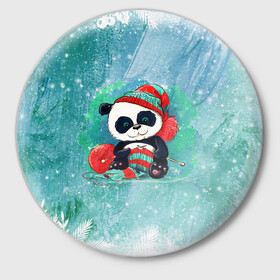 Значок с принтом Панда вяжет в Курске,  металл | круглая форма, металлическая застежка в виде булавки | new year | арт | вязание | графика | зима | новый год | панда | рождество