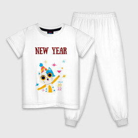 Детская пижама хлопок с принтом New 2022 yaer в Курске, 100% хлопок |  брюки и футболка прямого кроя, без карманов, на брюках мягкая резинка на поясе и по низу штанин
 | Тематика изображения на принте: new year | арт | графика | зима | кот | новый год | рождество