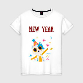 Женская футболка хлопок с принтом New 2022 yaer в Курске, 100% хлопок | прямой крой, круглый вырез горловины, длина до линии бедер, слегка спущенное плечо | new year | арт | графика | зима | кот | новый год | рождество