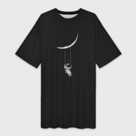 Платье-футболка 3D с принтом Лунные качели dark grey theme в Курске,  |  | nasa | астронавт | вселенная | галактика | звезды | качели | космонавт | космос | луна | наса | отдых | перерыв | развлечение | релакс | роскосмос | серп луны | удовольствие | фантазия
