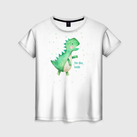 Женская футболка 3D с принтом Dino inside в Курске, 100% полиэфир ( синтетическое хлопкоподобное полотно) | прямой крой, круглый вырез горловины, длина до линии бедер | внутри | дино | динозавр | динозавр внутри | зверь | зверь внутри | зеленый | юрский период