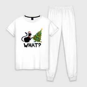Женская пижама хлопок с принтом КОТЕЙКА И ЁЛКА в Курске, 100% хлопок | брюки и футболка прямого кроя, без карманов, на брюках мягкая резинка на поясе и по низу штанин | Тематика изображения на принте: 2022 | cat | cats | christmas | cold | garland | klaus | mem | meme | memes | merry | new | santa | snow | what | winter | year | герлянды | гирлянда | год | елка | ёлки | ель | зима | клаус | кот | котейка | котенок | котик | котэ | кошка 