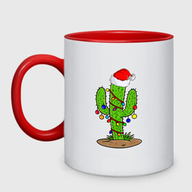 Кружка двухцветная с принтом НОВОГОДНИЙ КАКТУС CHRISTMAS CACTUS в Курске, керамика | объем — 330 мл, диаметр — 80 мм. Цветная ручка и кайма сверху, в некоторых цветах — вся внутренняя часть | 2022 | cactus | christmas | cold | garland | klaus | merry | new | santa | snow | winter | year | герлянды | гирлянда | год | елка | ёлки | ель | зима | кактус | клаус | мороз | новый | рождество | санта | снег | фонарики | холод