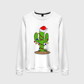 Женский свитшот хлопок с принтом НОВОГОДНИЙ КАКТУС CHRISTMAS CACTUS в Курске, 100% хлопок | прямой крой, круглый вырез, на манжетах и по низу широкая трикотажная резинка  | 2022 | cactus | christmas | cold | garland | klaus | merry | new | santa | snow | winter | year | герлянды | гирлянда | год | елка | ёлки | ель | зима | кактус | клаус | мороз | новый | рождество | санта | снег | фонарики | холод