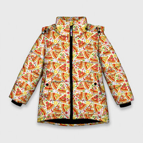 Зимняя куртка для девочек 3D с принтом Пицца (Pizza) в Курске, ткань верха — 100% полиэстер; подклад — 100% полиэстер, утеплитель — 100% полиэстер. | длина ниже бедра, удлиненная спинка, воротник стойка и отстегивающийся капюшон. Есть боковые карманы с листочкой на кнопках, утяжки по низу изделия и внутренний карман на молнии. 

Предусмотрены светоотражающий принт на спинке, радужный светоотражающий элемент на пуллере молнии и на резинке для утяжки. | Тематика изображения на принте: fast food | pizza | pizzeria | блюдо | быстрое питание | еда | жратва | завтрак | застол | ингредиенты для пиццы | итальянская еда | корм | кухня | кушанье | лепёшка | обед | перекус | пирог | пицца | пиццерия | пища