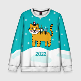 Детский свитшот 3D с принтом Новогодний стол - тигр в Курске, 100% полиэстер | свободная посадка, прямой крой, мягкая тканевая резинка на рукавах и понизу свитшота | Тематика изображения на принте: 2022 | год тигра | новый год | новый год 2022 | символ года | тигр | тигренок | тигрица | тигры