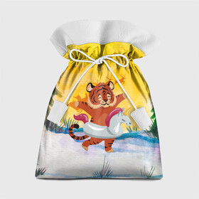 Подарочный 3D мешок с принтом Тигренок бежит купаться в круге в Курске, 100% полиэстер | Размер: 29*39 см | 2022 | год тигра | новый год | новый год 2022 | символ года | тигр | тигренок | тигрица | тигры