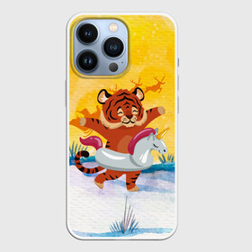 Чехол для iPhone 13 Pro с принтом Тигренок бежит купаться в круге в Курске,  |  | Тематика изображения на принте: 2022 | год тигра | новый год | новый год 2022 | символ года | тигр | тигренок | тигрица | тигры