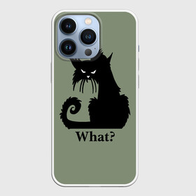 Чехол для iPhone 13 Pro с принтом What Что в Курске,  |  | black cat | cat | fearsome | halloween | question | silhouette | stern look | what | вопрос | кошка | силуэт | суровый взгляд | хеллоуин | черный кот | что