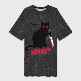 Платье-футболка 3D с принтом What Кот убийца в Курске,  |  | bats | blood | cat | halloween | killer | maniac | what | with a knife | кот | кошка | кровь | летучие мыши | с ножом | хеллоуин | что