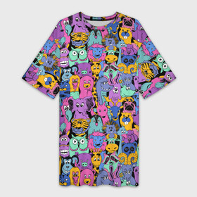 Платье-футболка 3D с принтом Разные Мультяшные Животные в Курске,  |  | animals | safari | zoo | детские | дикая природа | животные | жираф | звери | зверюшки | зебра | зоопарк | лев | мультики | сафари | слон