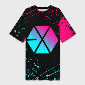 Платье-футболка 3D с принтом EXO BAND NEON LOGO НЕОНОВЫЕ БРЫЗГИ КРАСОК в Курске,  |  | baekhyun | chanyeol | do | exo | exo band | exok | exom | kai | kris | lay | luhan | neon | sehun | suho | tao | xiumin | брызги | краски | неон | пэкхён | чен | экзо | эхо