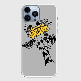 Чехол для iPhone 13 Pro Max с принтом Жираф показывает язык в Курске,  |  | Тематика изображения на принте: african | funny | giraffe | on the head | shows tongue | wreath | yellow flowers | африканский | венок | весёлый | жёлтые цветы | жираф | на голове | показывает | язык