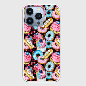 Чехол для iPhone 13 Pro с принтом Узор из сладостей на черном фоне в Курске,  |  | donuts | акварель | вкусные | вкусный | десерты | донатс | капкейки | пончики | сладкое | сладости | съедобные | темный | черный