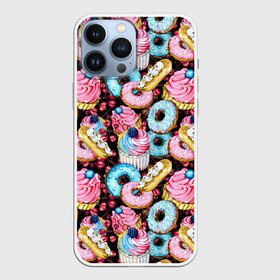 Чехол для iPhone 13 Pro Max с принтом Узор из сладостей на черном фоне в Курске,  |  | donuts | акварель | вкусные | вкусный | десерты | донатс | капкейки | пончики | сладкое | сладости | съедобные | темный | черный