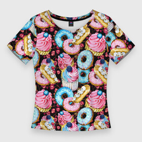Женская футболка 3D Slim с принтом Узор из сладостей на черном фоне в Курске,  |  | donuts | акварель | вкусные | вкусный | десерты | донатс | капкейки | пончики | сладкое | сладости | съедобные | темный | черный