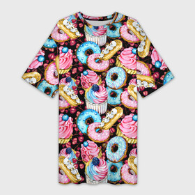 Платье-футболка 3D с принтом Узор из сладостей на черном фоне в Курске,  |  | donuts | акварель | вкусные | вкусный | десерты | донатс | капкейки | пончики | сладкое | сладости | съедобные | темный | черный