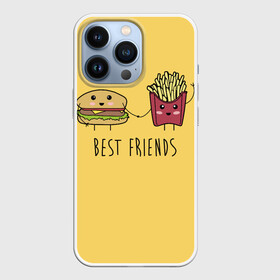 Чехол для iPhone 13 Pro с принтом Hamburger and fries are best friends в Курске,  |  | Тематика изображения на принте: cartoon characters | holding hands | гамбургер | держаться за руки | картошка фри | лучшие друзья | мультяшные герои