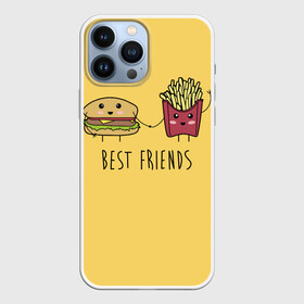 Чехол для iPhone 13 Pro Max с принтом Hamburger and fries are best friends в Курске,  |  | Тематика изображения на принте: cartoon characters | holding hands | гамбургер | держаться за руки | картошка фри | лучшие друзья | мультяшные герои