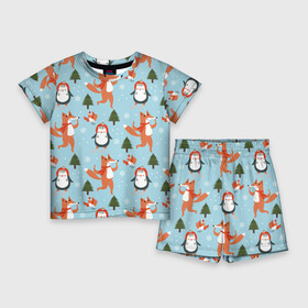 Детский костюм с шортами 3D с принтом Лисята и пингвины  Новый год 2022 в Курске,  |  | Тематика изображения на принте: 2022 | год | лисята | новый | пингвины | тигр | шапки