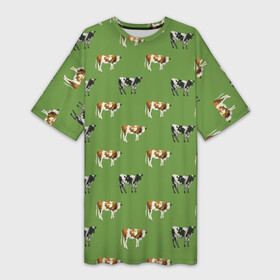 Платье-футболка 3D с принтом Живописные коровы на лугу паттерн в Курске,  |  | домашний скот | живописные | животные | корова | коровки | коровы | крупные животные | на лугу | паттерн