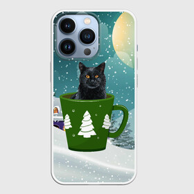 Чехол для iPhone 13 Pro с принтом Черный кот в кружке в Курске,  |  | Тематика изображения на принте: зима | кот | котенок | котик | котики | кошка | новогодняя | новый год | рождество | тепло