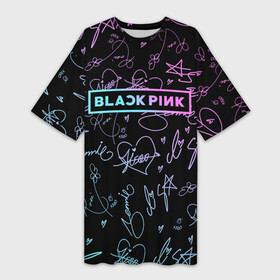 Платье-футболка 3D с принтом NEON BLACKPINK АВТОГРАФЫ в Курске,  |  | black  pink | blackpink | ddudu ddudu | jennie | jisoo | kpop | lalisa | lisa | neon | rose | блекпинк | группа | ддуду ддуду | дженни | джису | корейская группа | кпоп | лисы | неон | розовый | розэ | черный