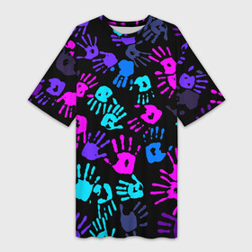 Платье-футболка 3D с принтом Следы неоновых рук в Курске,  |  | ладонь | неон | ноновый | отпечаток | паттерн | рука | след