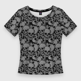 Женская футболка 3D Slim с принтом Gray skulls в Курске,  |  | bone | bones | screaming | screaming skulls | skull | skulls | smile | кости | кричат | кричащие | кричащие черепа | улыбка | череп | черепа