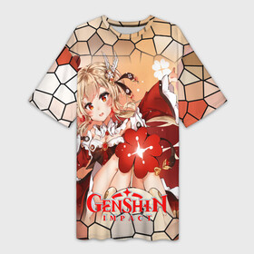 Платье-футболка 3D с принтом Кли девушка в красном в Курске,  |  | genshin impact | аниме | в красном | видеоигры | геншин импект | кли | пиротехника | ускользающее солнце