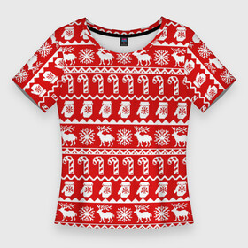 Женская футболка 3D Slim с принтом Новогодний принт с оленями, снежинками, варежками и леденцами в Курске,  |  | варежки | зима | зимний | красный | леденцы | новогодний | новый год | олени | орнамент | снежинки | узор
