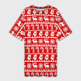 Платье-футболка 3D с принтом Новогодний принт с оленями, снежинками, варежками и леденцами в Курске,  |  | варежки | зима | зимний | красный | леденцы | новогодний | новый год | олени | орнамент | снежинки | узор