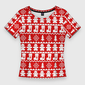 Женская футболка 3D Slim с принтом Новогодний принт с пряничными человечками, елками и снежинками в Курске,  |  | елки | зима | зимний | красный | новогодний | новый год | носки | орнамент | пряник | пряничный | снежинки | узор | человечек