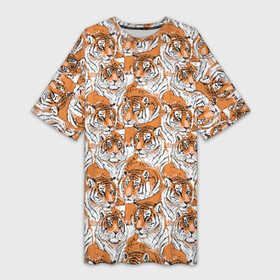 Платье-футболка 3D с принтом Тигры (рисованный стиль) в Курске,  |  | animal | beast | cat | predator | tiger | амурский тигр | белый тигр | год тигра | дикий тигр | животное | зверь | злой тигр | кот | новый год 2022 | оскал | охотник | полосатая кошка | полоски тигра | саблезубый тигр