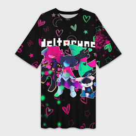 Платье-футболка 3D с принтом ГЕРОИ ИГРЫ DELTARUNE NEON в Курске,  |  | deltarune | deltarune 2 | game | heart | hearts | neon | stars | undertale символ | дельта | дельтарун | дельтарун 2 | джевил | звё | знак руин андертейл | значок дельтарун пиксель | игра | королева | крис | неон | ноэлль | ральз