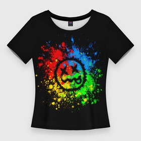 Женская футболка 3D Slim с принтом Smile  Неоновый смайлик в Курске,  |  | smile | глаза | желтый | зеленый | краски | красный | красочный | крест | круг | ляпки | неон | неоновый | огонь | радужный | разноцветный | синий | смайл | смайлик | улыбка | черный | язык