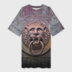 Платье-футболка 3D с принтом Lion gate в Курске,  |  | ears | eyes | fangs | gate | jaw | lion | mane | metal | muzzle | ворота | грива | клыки | лев | металл | пасть | уши