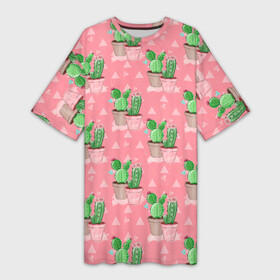 Платье-футболка 3D с принтом Кактусы в горшках паттерн в Курске,  |  | горшки | кактус | кактусы | цветок | цветы
