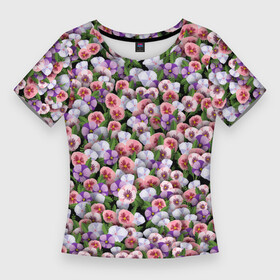 Женская футболка 3D Slim с принтом Чудесные фиалки в Курске,  |  | Тематика изображения на принте: 8 марта | ботаника | букет | клумба | паттерн | растения | фиалка | фиалки | флора | цветочки | цветы