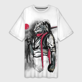 Платье-футболка 3D с принтом Тигр воин  Самурай с катаной на спине в Курске,  |  | Тематика изображения на принте: japan | katana | samurai | tiger | белый тигр | большой кот | бусидо | воин | графика | катана | красный | самурай | символ года | тигр | хуманизация | япония