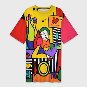 Платье-футболка 3D с принтом Girl with a glass в Курске,  |  | brazilian artist | bright colors | cubism | emoji | graffiti | heart | pop art | romero britto | бразильский художник | граффити | девушка с бакалом | день святого валентина | кубизм | любовь | ромеро бритто 