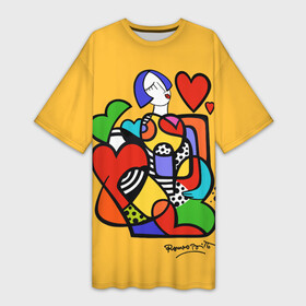 Платье-футболка 3D с принтом Girl with hearts в Курске,  |  | brazilian artist | bright colors | cubism | emoji | girl | graffiti | hearts | love | pop art | romero britto | valentines day | бразильский художник | граффити | девушка | день святого валентина | кубизм | любовь | ромеро бритт