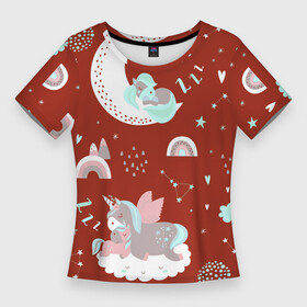 Женская футболка 3D Slim с принтом Единорог на облаке спящий единорог в Курске,  |  | unicorn | единорог | звезды | лошадка | облако | пони | сердечко | спящий едиорог