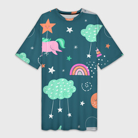 Платье-футболка 3D с принтом Летающий единорог в Курске,  |  | doodle | дудл | единорог | звездочка | летающий единорог | лошадка | облако | пони | радуга | спящий единорог