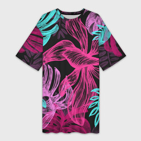 Платье-футболка 3D с принтом папоротниковый неон в Курске,  |  | листья | неон | растительный принт | цветы | экзотика
