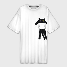 Платье-футболка 3D с принтом Кот висит в кармане 3D в Курске,  |  | cat | kitten | висит | глаза | дыра | дырка | карман | кармашек | корман | кот | котенок | кошка | порвался | пушистый | рваный | сидит | силуэт | тень | хвост | черный
